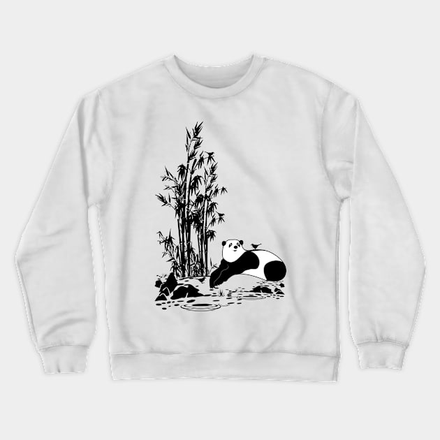 The Friendly Panda and Little Birds | Black Monochrome Crewneck Sweatshirt by VISUALUV